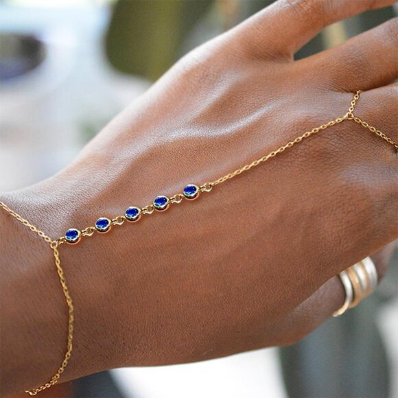 Hand Chain Bracelet Ring Bracelet Hand Chain Dainty Gold And Blue - Picture 2 of 7